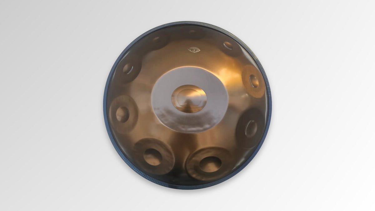 A Sound-Sculpture handpan made of stainless steel, seen from above.